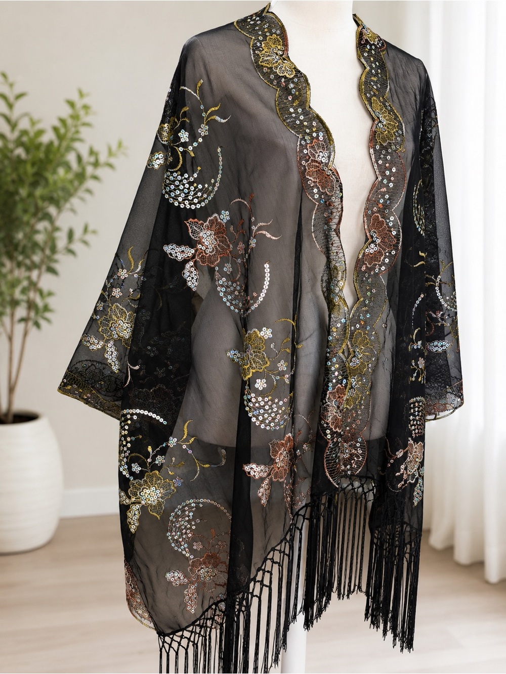 New boho Sheer Black Floral Embroidered Fringe Kimono one size - Picture 4 of 7